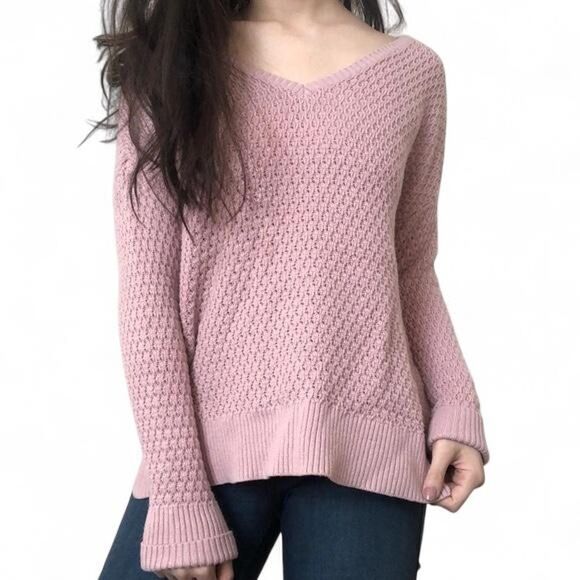 American Eagle M Soft pink Outfitters V-neck Waffle Kit Sweater - Picture 1 of 7
